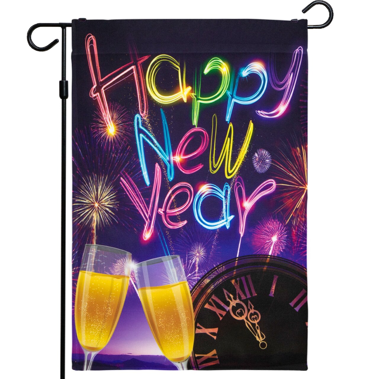 G128 - Happy New Year Garden Flag, New Year Themed Decorations - Fireworks and Champagne, | 12x18 Inch | Printed 150D Polyester - Rustic Holiday Seasonal Outdoor Flag